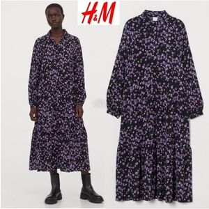 H&M Black Long-Sleeve Floral Tiered Midi Dress in Purple